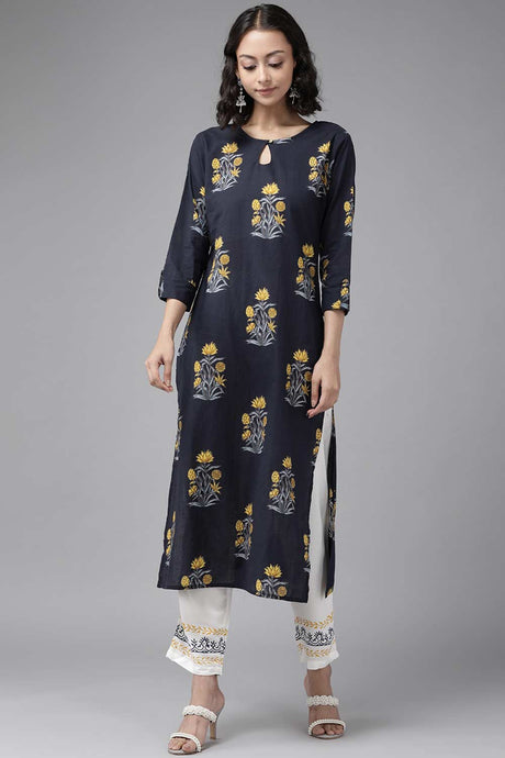 Buy Pure Cotton Floral Block Printed Ready to Wear Kurta Set in Blue Online