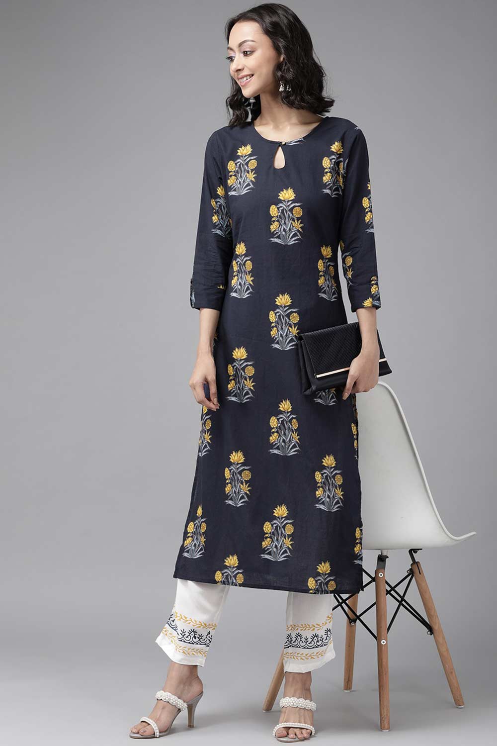 Buy Pure Cotton Floral Block Printed Ready to Wear Kurta Set in Blue Online - Side
