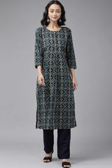 Buy Pure Cotton Batik Block Printed Ready to Wear Kurta Set in Teal Blue Online