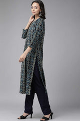 Buy Pure Cotton Batik Block Printed Ready to Wear Kurta Set in Teal Blue Online - Back