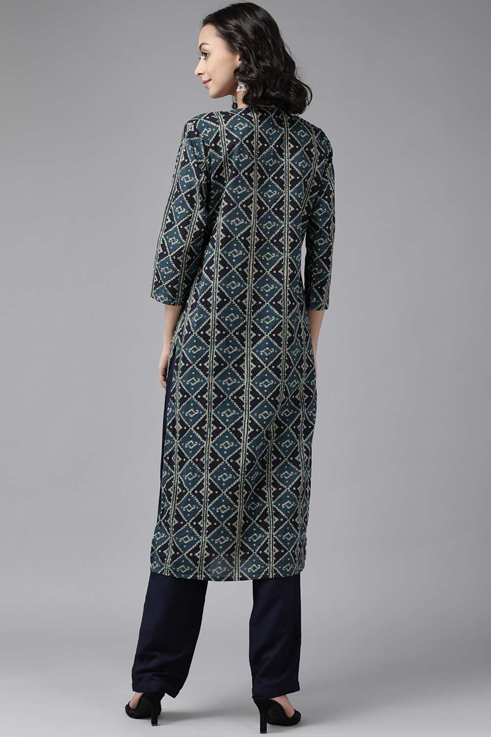 Buy Pure Cotton Batik Block Printed Ready to Wear Kurta Set in Teal Blue Online - Front