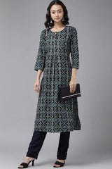 Buy Pure Cotton Batik Block Printed Ready to Wear Kurta Set in Teal Blue Online - Side