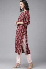 Buy Pure Cotton Batik Block Printed Ready to Wear Kurta Set in Wine Online - Back