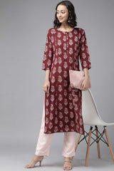 Buy Pure Cotton Batik Block Printed Ready to Wear Kurta Set in Wine Online - Side