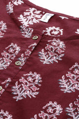 Buy Pure Cotton Batik Block Printed Ready to Wear Kurta Set in Wine Online - Zoom In
