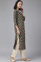 Buy Pure Cotton Batik Block Printed Ready to Wear Kurta Set in Green Online - Back