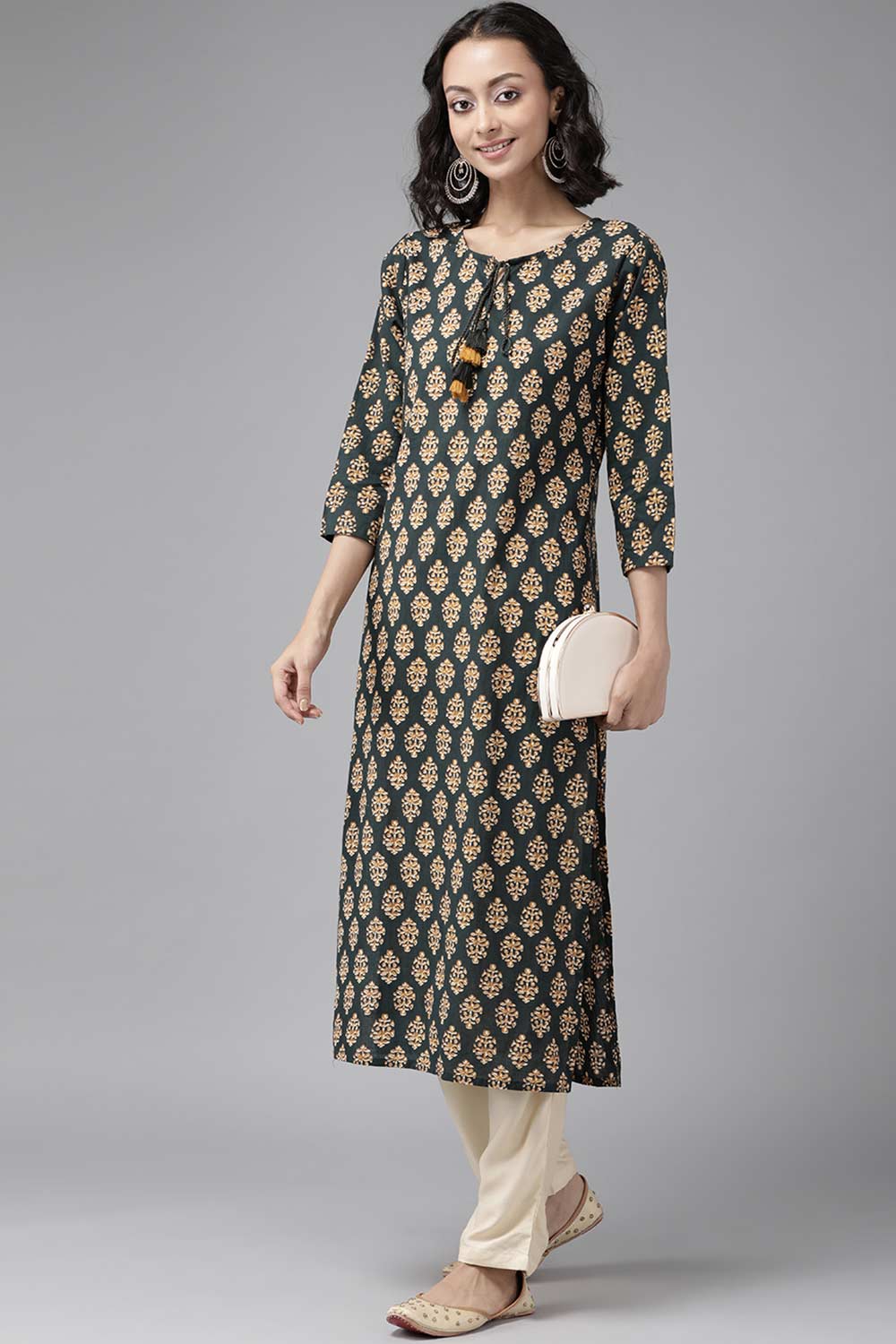 Buy Pure Cotton Batik Block Printed Ready to Wear Kurta Set in Green Online - Side