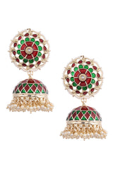 Women's Alloy Metal Jhumka Earrings In Green And Red