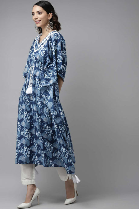 Buy Pure Cotton Floral Batik Printed Kurta Top in Blue Online - Back
