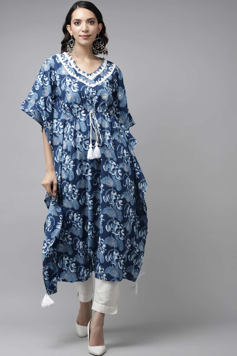 Buy Pure Cotton Floral Batik Printed Kurta Top in Blue Online - Side