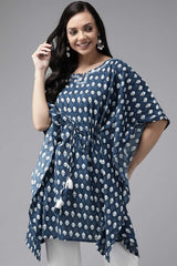 Buy Pure Cotton Batik Printed Kurta Top in Navy Blue Online