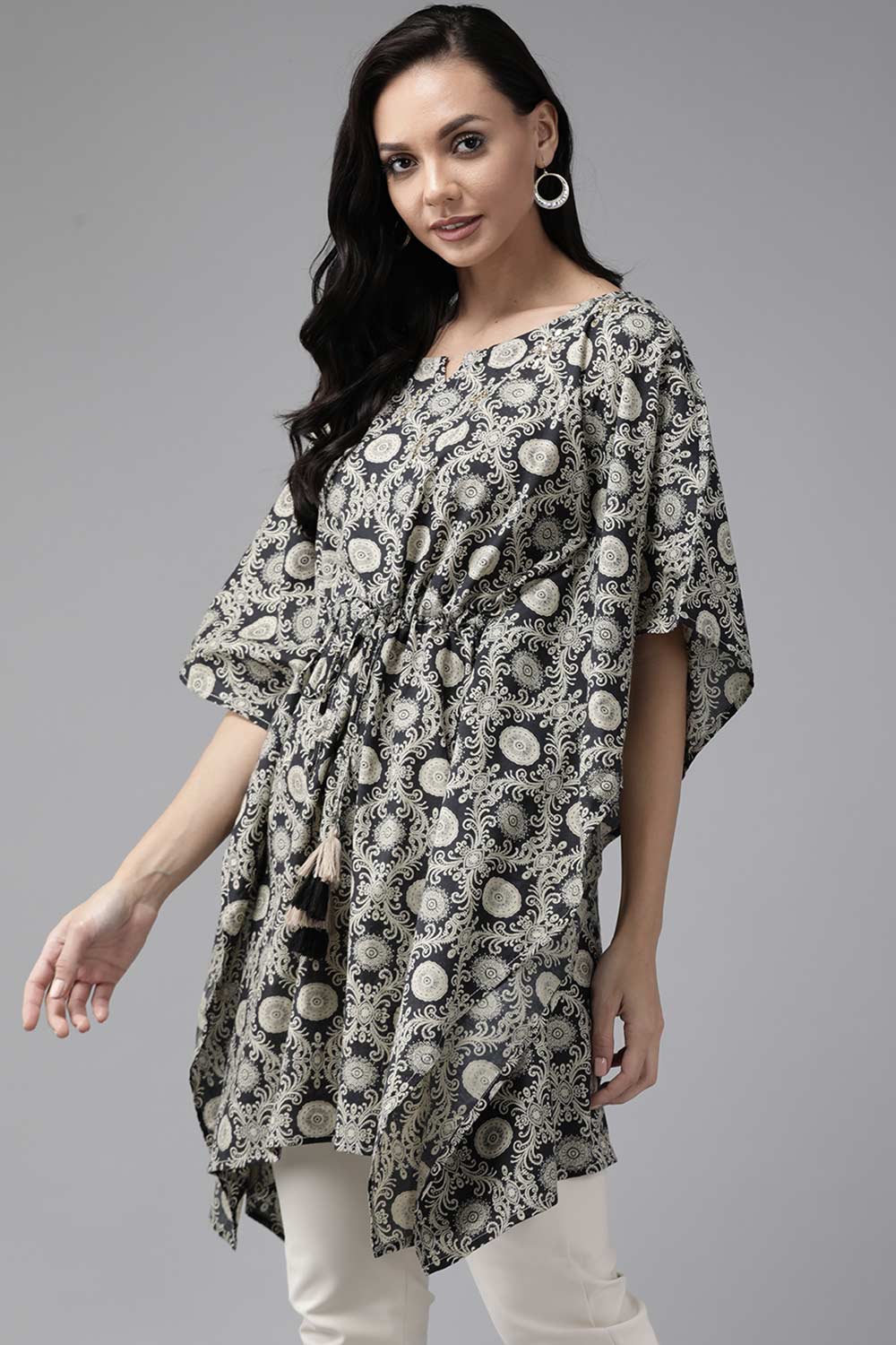 Buy Pure Cotton Batik Printed Kurta Top in Black Online - Back