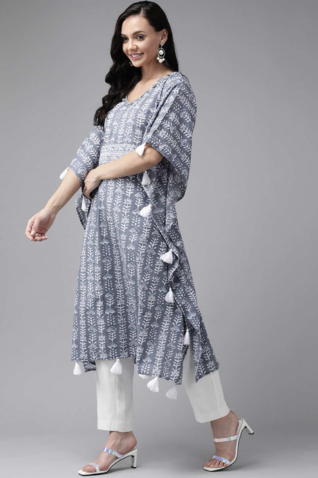 Buy Pure Cotton Batik Printed Kurta Top in Grey Online - Back