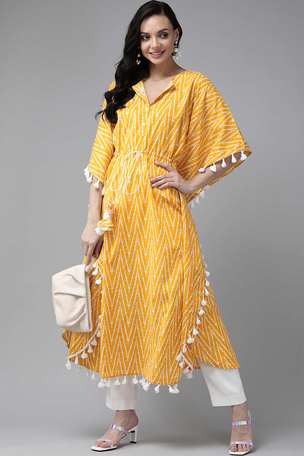 Buy Pure Cotton Ikkat Printed Kurta Top in Yellow Online - Zoom Out