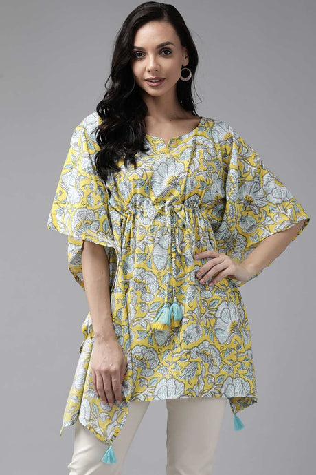 Buy Pure Cotton Floral Printed Kurta Top in Yellow Online