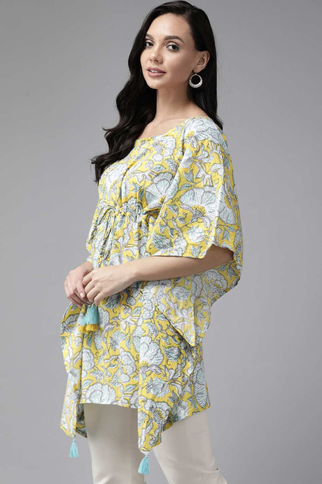 Buy Pure Cotton Floral Printed Kurta Top in Yellow Online - Back