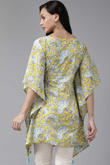 Buy Pure Cotton Floral Printed Kurta Top in Yellow Online - Front