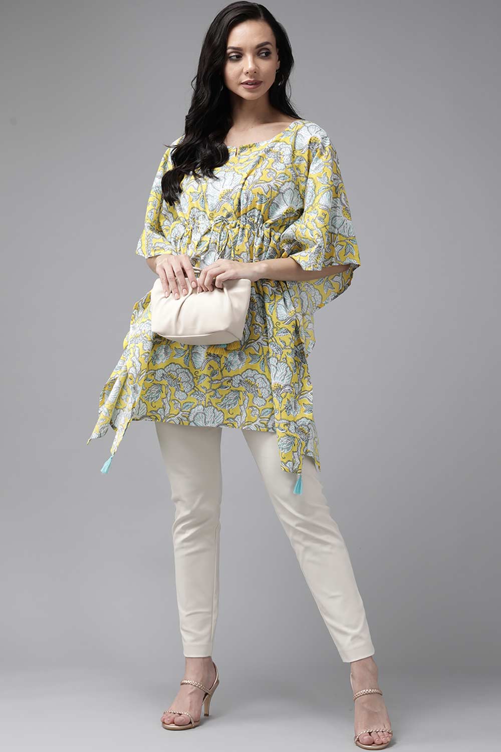 Buy Pure Cotton Floral Printed Kurta Top in Yellow Online - Zoom Out