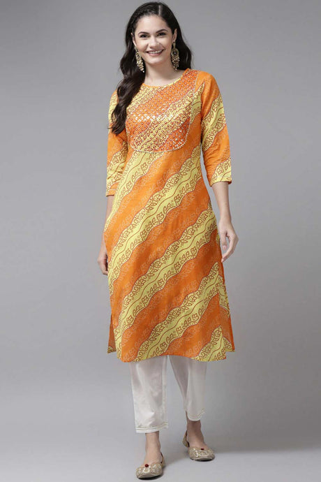 Pure Cotton Sequin Embroidered Yellow Kurta Set - Front