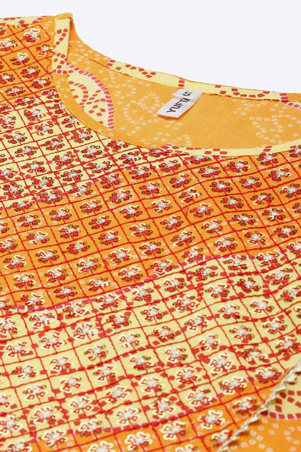 Pure Cotton Sequin Embroidered Yellow Kurta Design