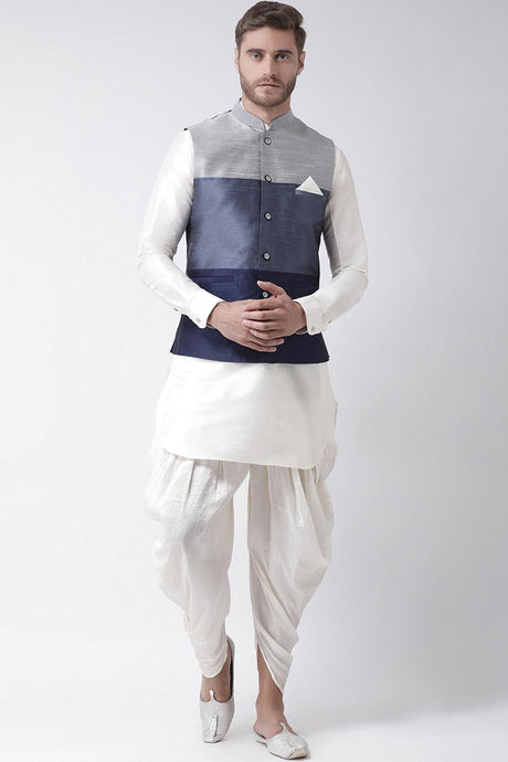 Buy Men's Art Silk  Solid Kurta Set in White
Jacket Color: Multi Color Online