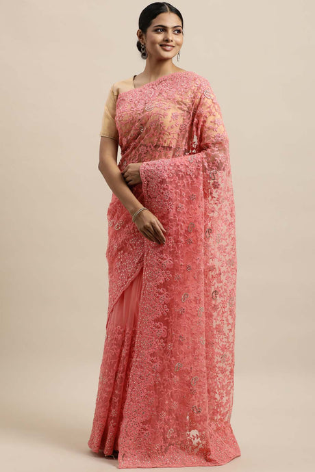 Net Embroidered Saree In Pink