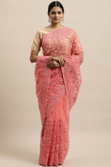 Net Embroidered Saree In Pink