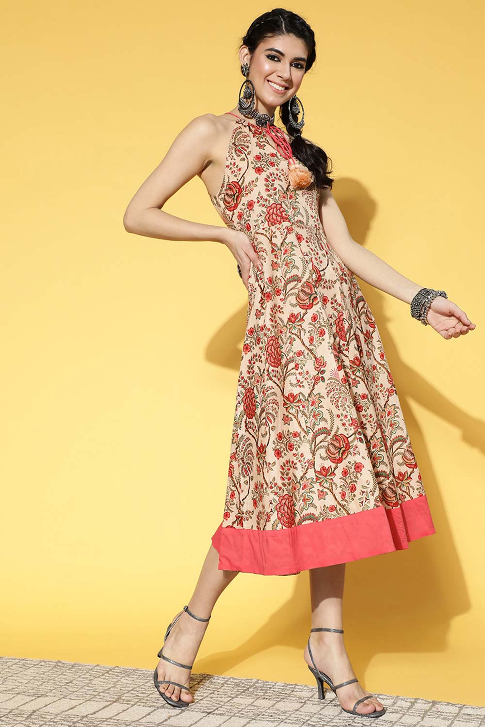 Beige Pure Cotton Floral Print Dress