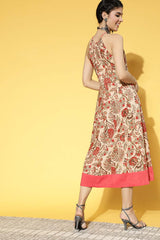 Beige Pure Cotton Floral Print Dress