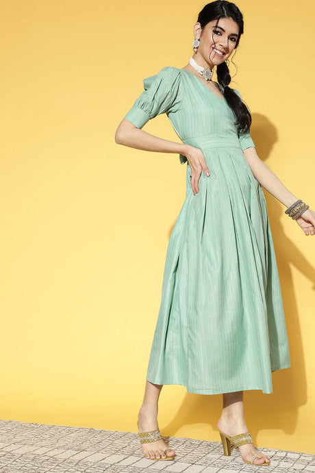 Sea Green Pure Cotton Striped Print Dress