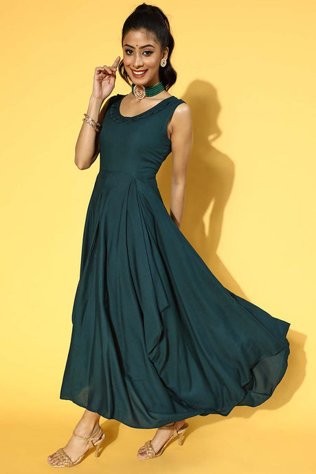 Teal Green Viscose Rayon Solid Dress