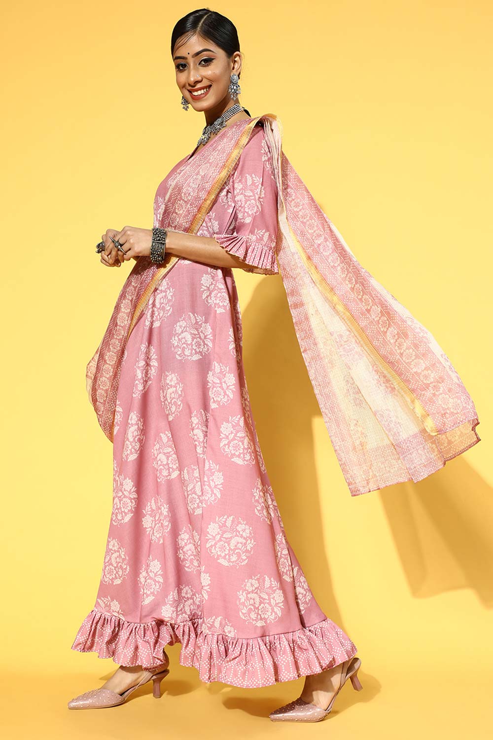 Pink Viscose Rayon Ethnic Motifs Dress