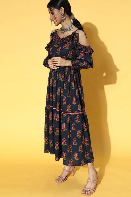 Navy Blue Pure Cotton Floral Print Dress