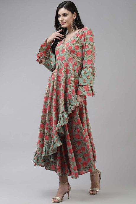 Green Pure Cotton Floral Print And Bijia Lace Dress