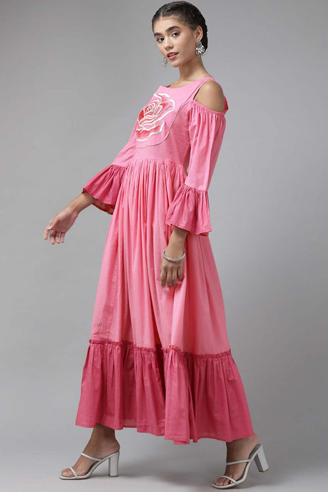 Pink Viscose Rayon Embroidered Dress
