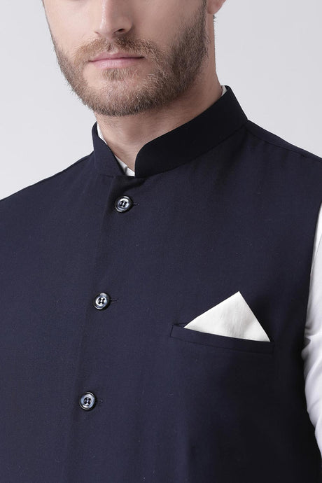 Buy Men's Suiting fabric  Solid Kurta Set in White
Jacket Color: Navy Blue Online
