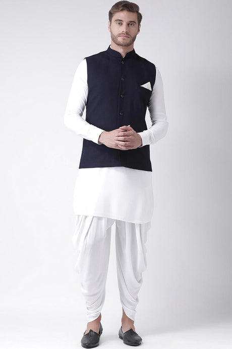 Buy Men's Suiting fabric  Solid Kurta Set in White
Jacket Color: Navy Blue Online - Back