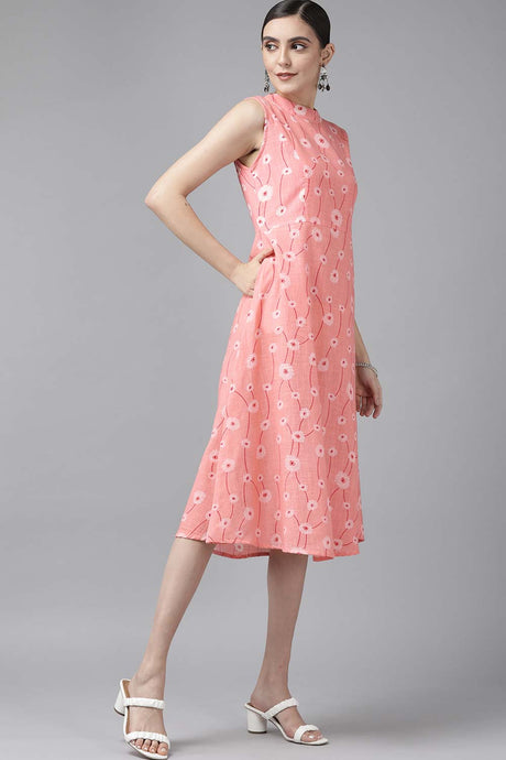 Peach Cotton Slub Floral Print Dress