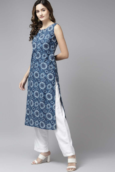 Blue Pure Cotton Printed And Sequence Kurta