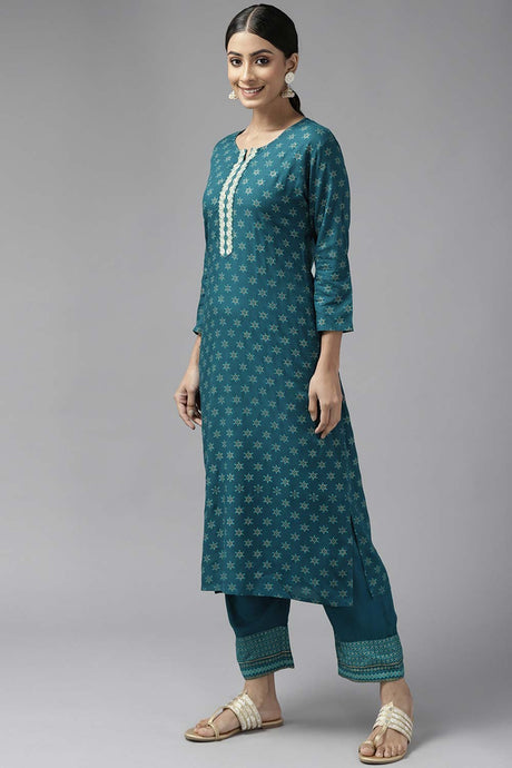 Teal Green Viscose Rayon Embroidered Kurta Set