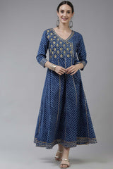 Blue Pure Cotton Embroideredand Bijia Lace And Mirror And Gotta Dress