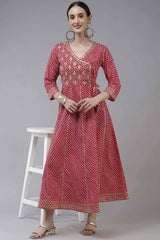 Pink Pure Cotton Embroideredand Bijia Lace And Mirror And Gotta Dress