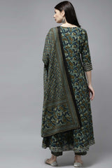 Green Pure Cotton Bijia Lace And Sequin And Thread Kurta Set - Back Side