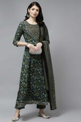 Green Pure Cotton Bijia Lace And Sequin And Thread Kurta Set - Left Side