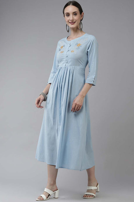 Blue Pure Cotton Embroidered Dress