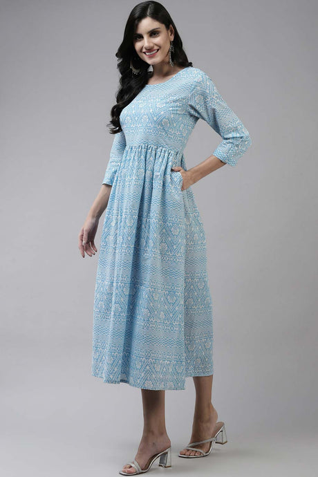 Sky Blue Pure Cotton Abstract Print Dress