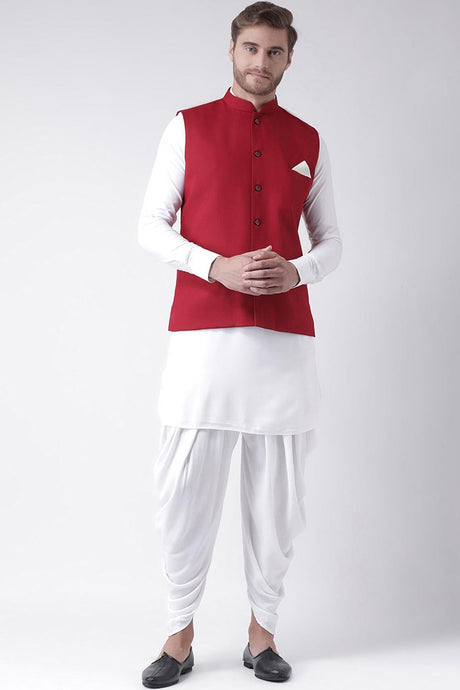 Buy Men's Suiting fabric  Solid Kurta Set in Red
Jacket Color: Multi Color Online - Front