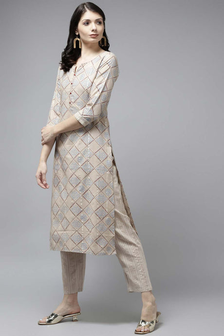 Beige Cotton Lurex Kantha Pant Suit Set