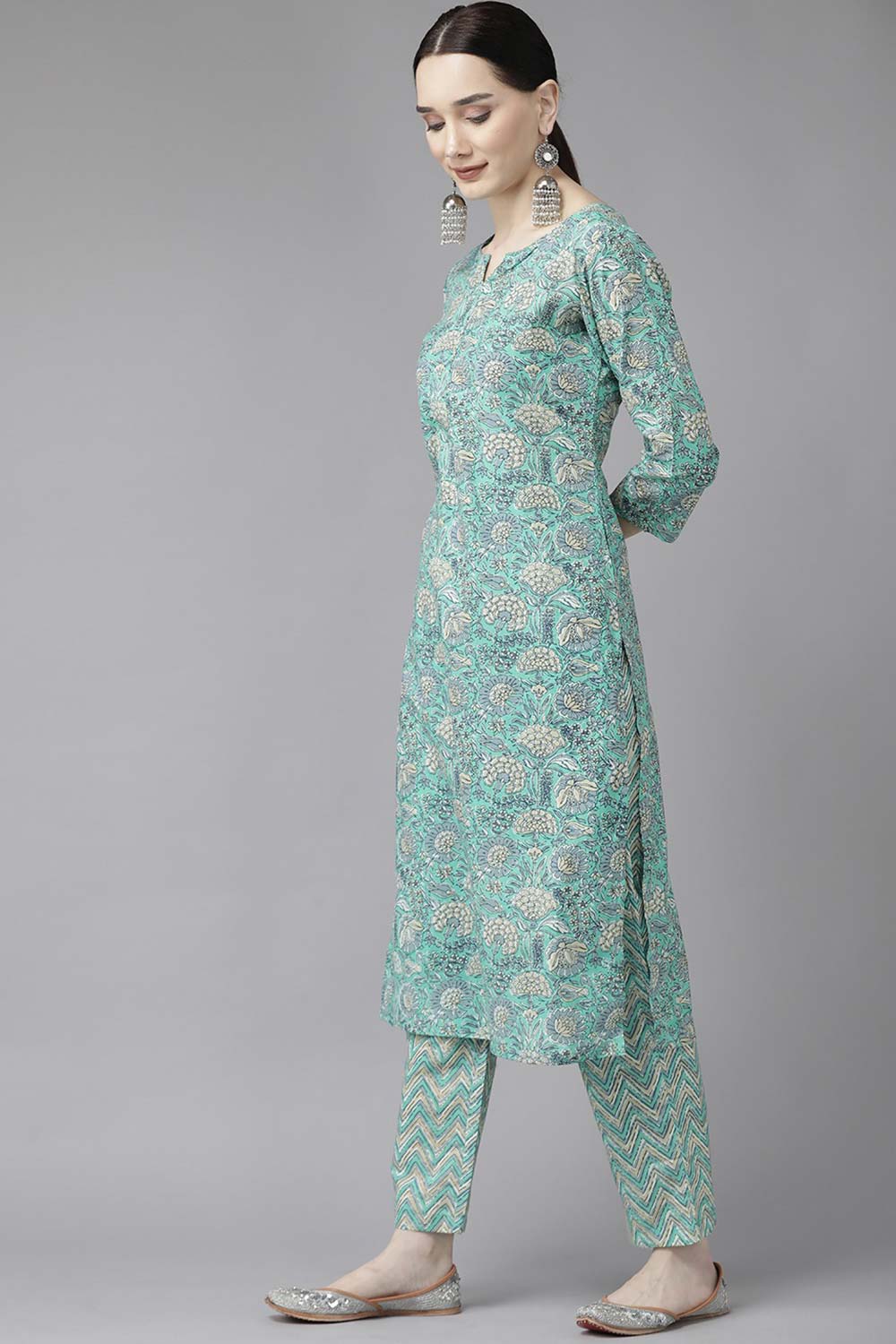 Sea Green Pure Cotton Screen Print And Floral Print Pant Suit Set