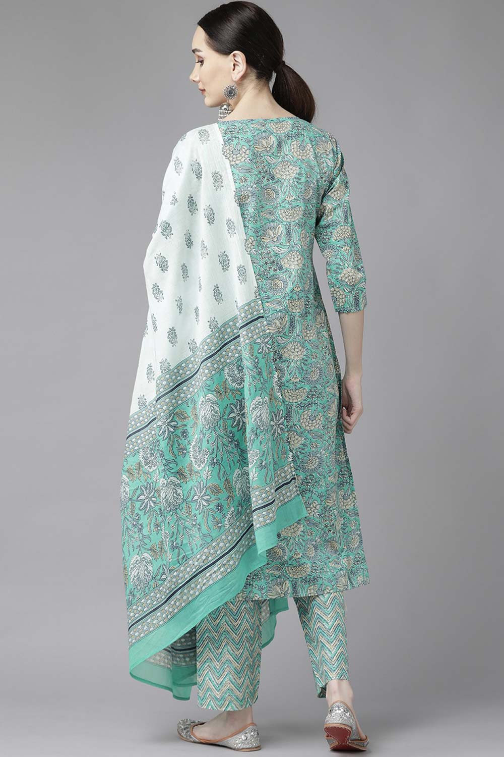 Sea Green Pure Cotton Screen Print And Floral Print Pant Suit Set